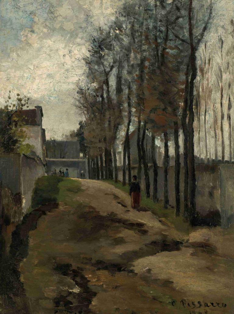 Le Chemin, paysage hivernal,冬日风景,Camille Pissarro,卡米耶-毕沙罗,油画,油画, 树, 户外, 1个女孩, 独奏, 风景, 黑发, 传统媒体, 常设, 草, 过时的