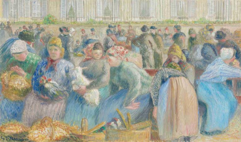 Le Marché aux oeufs,鸡蛋市场,Camille Pissarro,卡米耶-毕沙罗,油画,油画, 多个女孩, 6+男孩, 多个男孩, 6+女孩, 美术模仿, 裙子