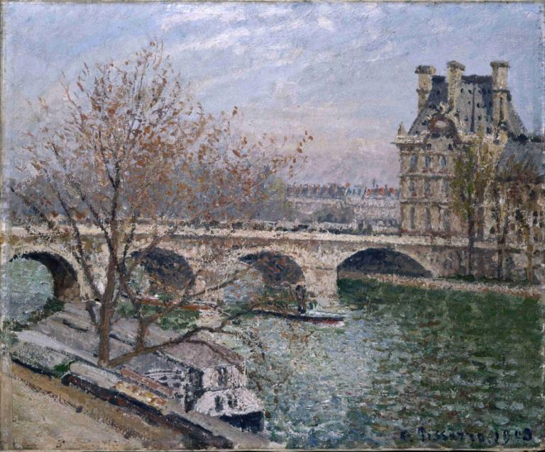 Le Pont Royal et le Pavillon de Flore,皇家桥和鲜花亭,Camille Pissarro,卡米耶-毕沙罗,油画,油画, 风景, 没有人类, 户外, 树, 传统媒体, 天空, 建筑