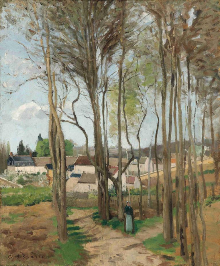 Le village à travers les arbres,树丛中的村庄,Camille Pissarro,卡米耶-毕沙罗,油画,油画, 树, 户外, 风景, 天空, 天, 房子, 草, 云, 传统媒体, 1个女孩