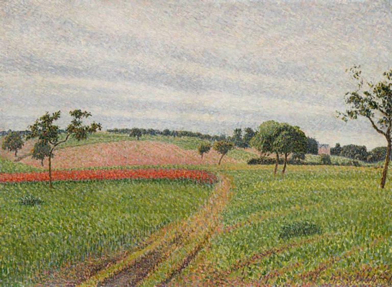 Les Coteaux de Thierceville, temps gris,Les Coteaux de Thierceville，灰蒙蒙的天气,Camille Pissarro,卡米耶-毕沙罗,油画,油画