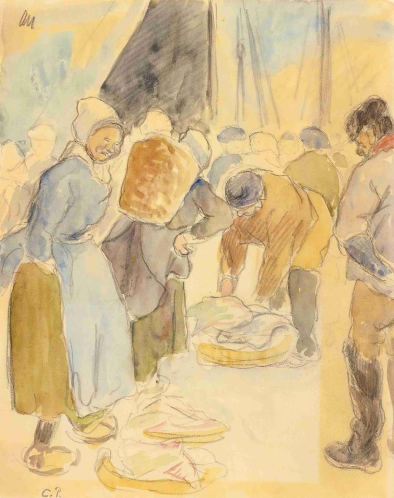 Marché Aux Poissons, Dieppe,Camille Pissarro,Watercolor,Watercolor, painting (medium), watercolor (medium)