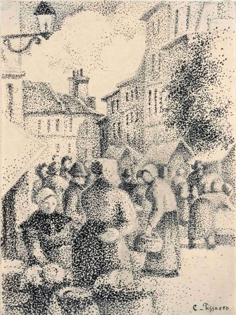 Marketplace in Pontoise,Camille Pissarro,Copperplate Etching,Copperplate Etching, monochrome, 1girl