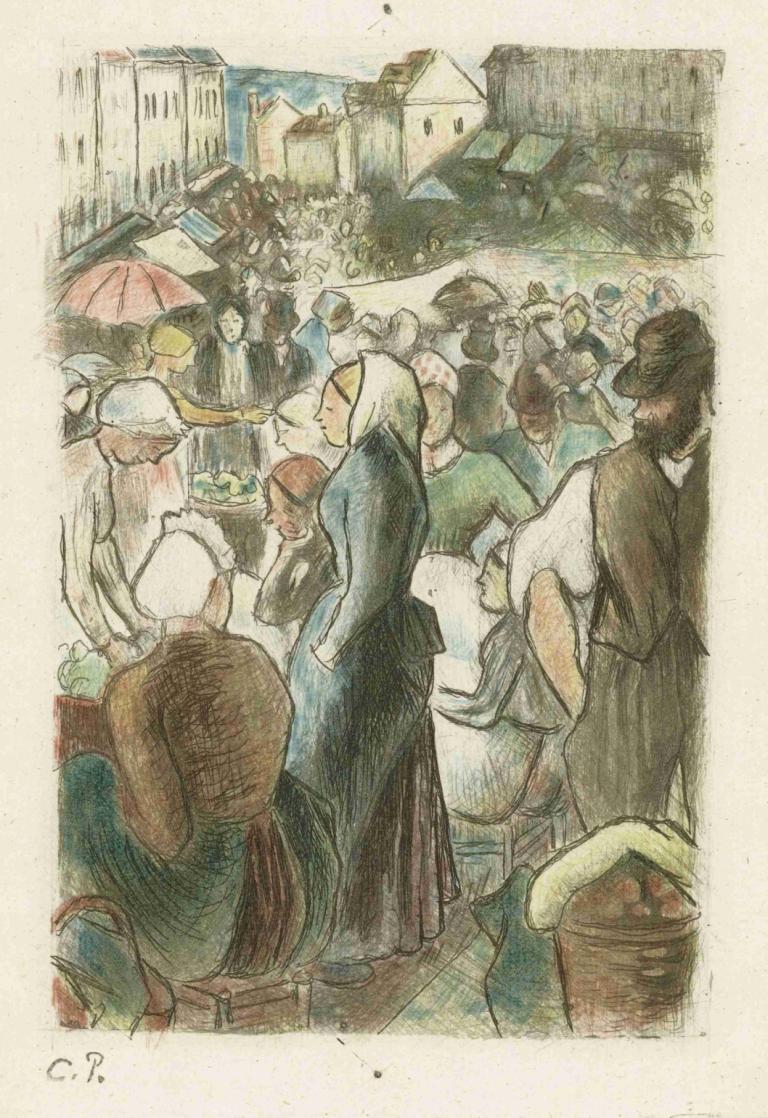 Markt in Gisors,Camille Pissarro,Illustration,Illustration, crowd, multiple girls, traditional media