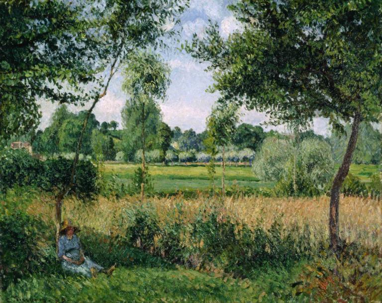 Morning Sunlight Effect, Eragny,Camille Pissarro,Oil Painting,Oil Painting, outdoors, tree, grass, scenery