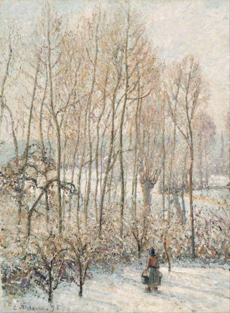 Morning Sunlight on the Snow, Eragny-sur-Epte,Camille Pissarro,Oil Painting,Oil Painting, solo, tree, snow