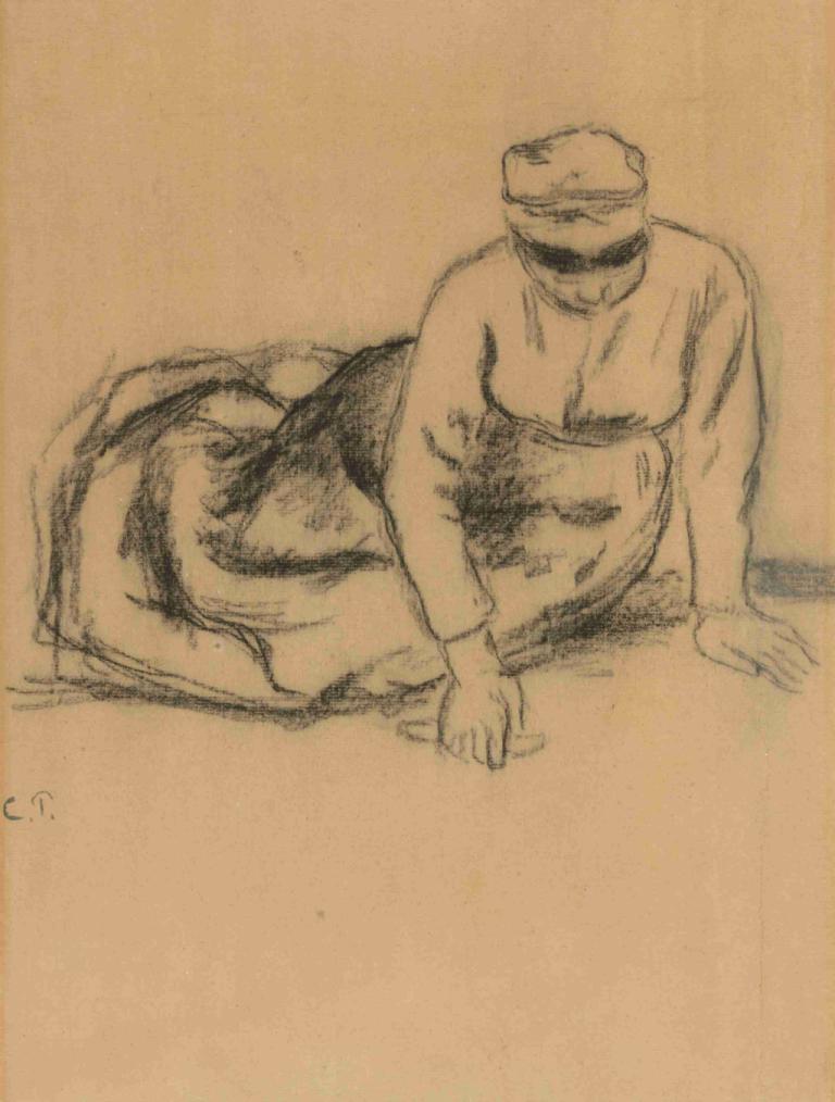 Paysanne assise,Țărancă așezată,Camille Pissarro,Schiță,Schiță, monocrom, solo, pălărie, schiță, 1 băiat