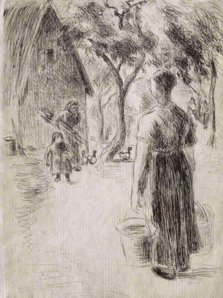 Paysanne portant des seaux,Țărancă care transportă găleți,Camille Pissarro,Schiță,Schiță, monocrom, copac