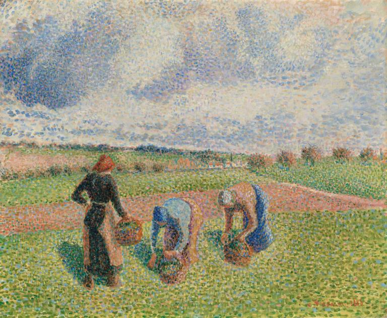 Paysannes Ramassant Des Herbes, Éragny,Țărani culegând iarbă, Éragny,Camille Pissarro,Pictura in ulei