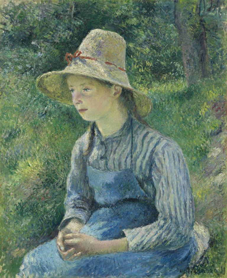 Peasant Girl with a Straw Hat,Hasır Şapkalı Köylü Kız,Camille Pissarro,Yağlı boya,Yağlı boya, 1kız, şapka