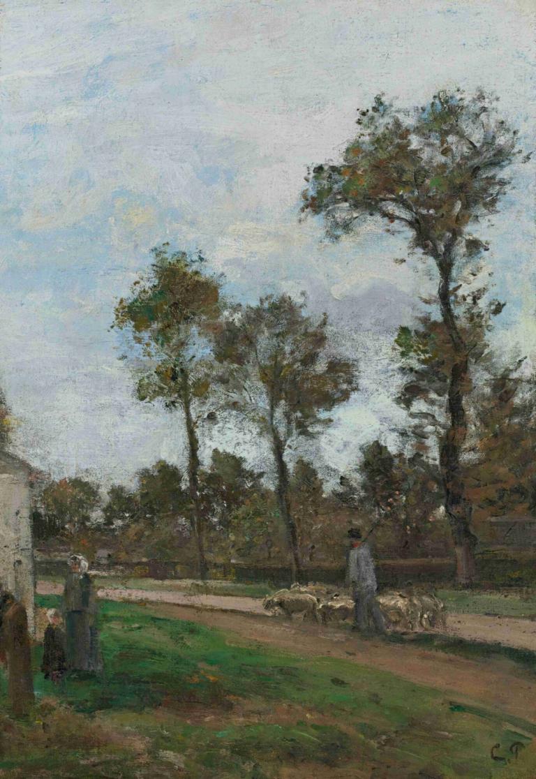 Route À Louveciennes,Väg À Louveciennes,Camille Pissarro,Oljemålning,Oljemålning, träd, utomhus, gräs, himmel