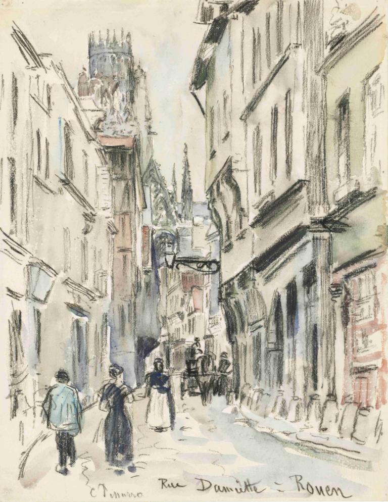 Rue Damiette, Rouen,Camille Pissarro,Akvarell,Akvarell, flera pojkar, stad, gata, väg, byggnad