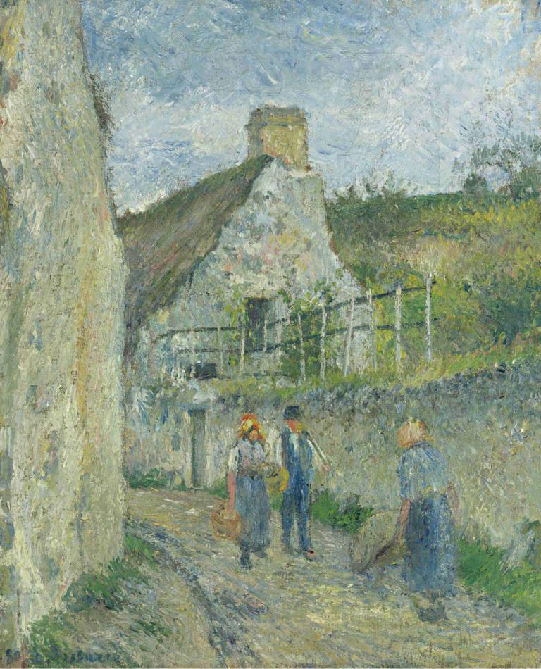 Rue Des Roches Au Valhermeil, Auvers Sur Oise,Camille Pissarro,卡米耶-毕沙罗,油画,油画, 户外, 包, 多个男孩, 树, 传统媒体, 天空, 1个女孩