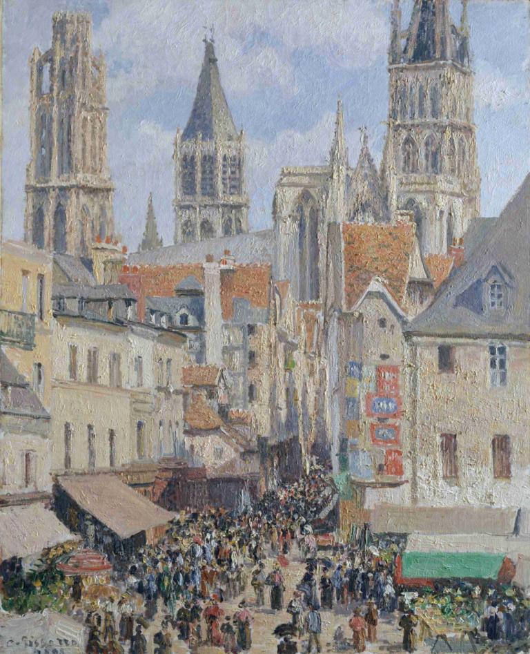 Rue de l'Épicerie, Rouen (Effect of Sunlight),鲁昂埃皮切利街（阳光的影响）,Camille Pissarro,卡米耶-毕沙罗,油画,油画, 风景, 户外, 城市, 天空