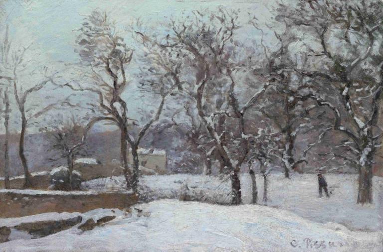 Snow at Louveciennes,卢维尼的雪,Camille Pissarro,卡米耶-毕沙罗,油画,油画, 树, 雪, 传统媒体, 光秃秃的树, 户外, 风景, 冬天, 绘画（中）, 1男孩, 独奏