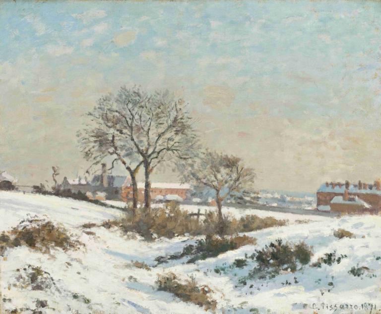 Snowy Landscape at South Norwood,南诺伍德的雪景,Camille Pissarro,卡米耶-毕沙罗,油画,油画, 户外, 树, 风景, 没有人类, 雪, 传统媒体, 天空, 绘画（中）