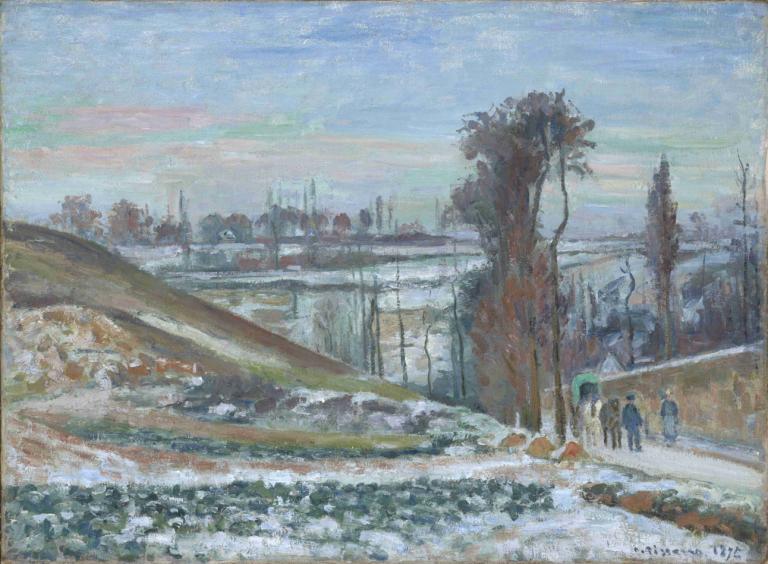 Snowy Landscape near l'Hermitage,赫米蒂奇附近的雪景,Camille Pissarro,卡米耶-毕沙罗,油画,油画, 风景, 树, 传统媒体, 户外, 雪, 多个男孩, 绘画（中）