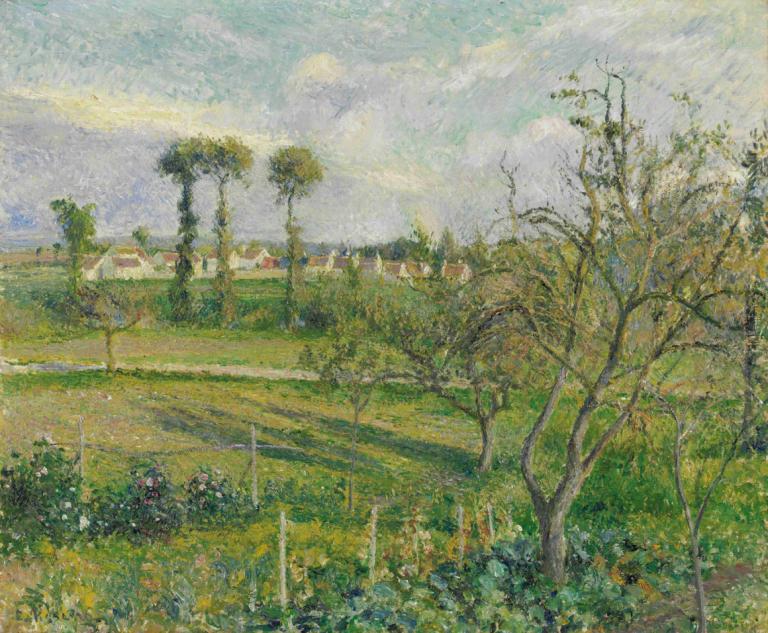 Soleil Couchant Au Valhermeil, Auvers-Sur-Oise,瓦勒迈尔的日落，瓦兹河畔奥维尔,Camille Pissarro,卡米耶-毕沙罗,油画,油画, 没有人类, 风景, 树