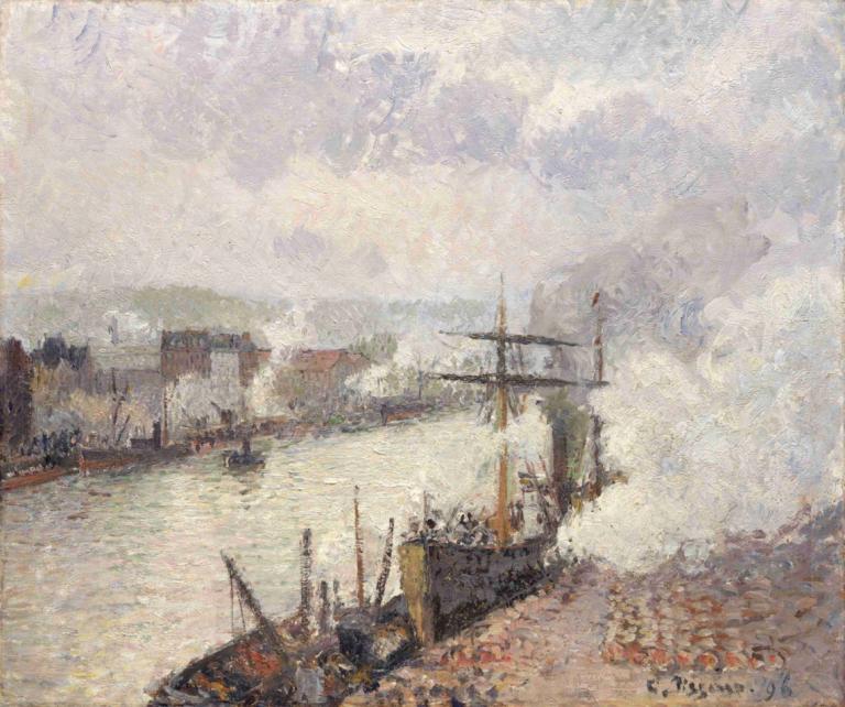 Steamboats in the Port of Rouen,鲁昂港的蒸汽船,Camille Pissarro,卡米耶-毕沙罗,油画,油画, 船只, 风景, 没有人类, 船, 户外, 传统媒体, 船, 绘画（中）