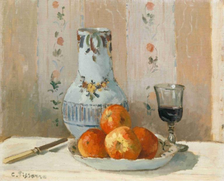 Still Life with Apples and Pitcher,苹果与壶的静物,Camille Pissarro,卡米耶-毕沙罗,油画,油画, 没有人类, 水杯, 食物, 杯子, 水果, 红酒杯, 绘画（中）