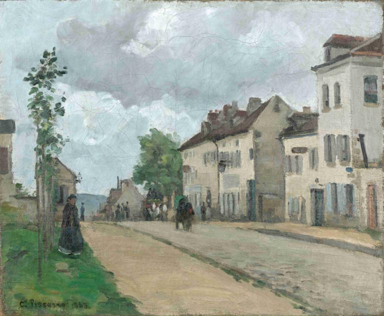 Straße in Pontoise (Rue de Gisors),庞图瓦兹的街道（吉索斯街）,Camille Pissarro,卡米耶-毕沙罗,油画,油画, 树, 户外, 云, 天空, 风景, 传统媒体, 建筑