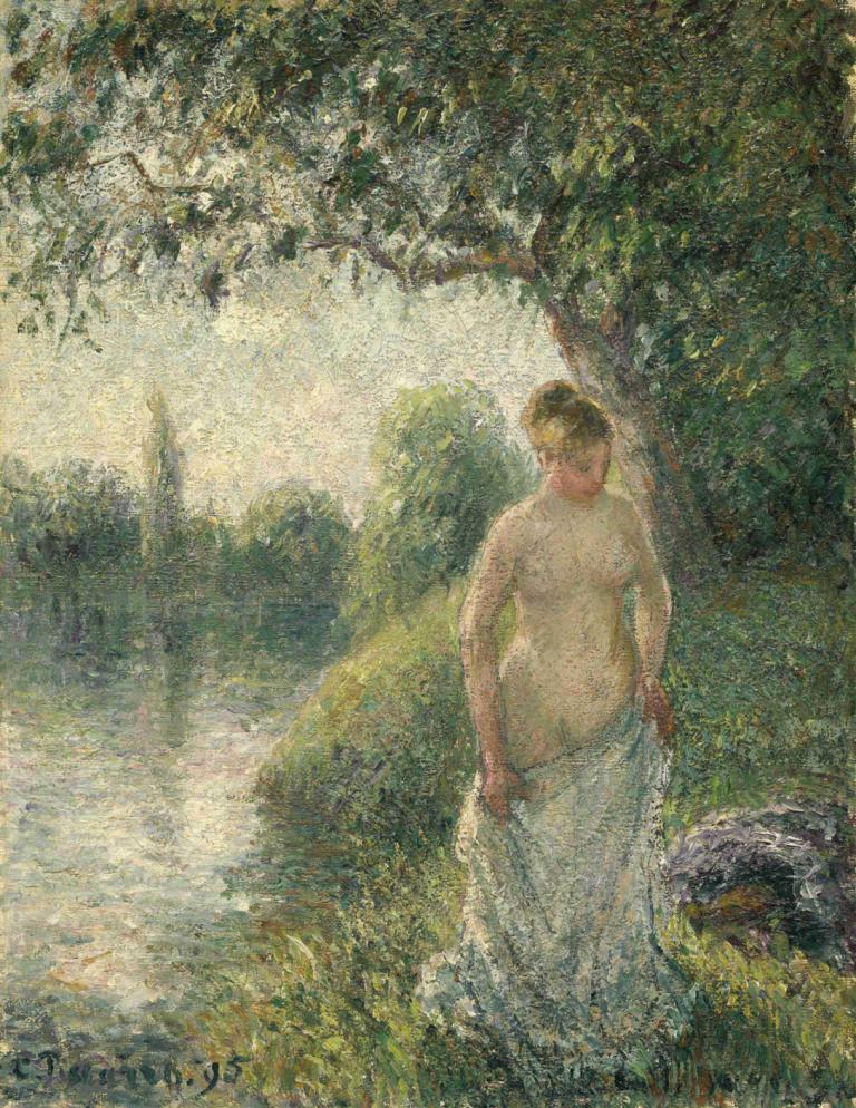 The Bather,Baderskan,Camille Pissarro,Oljemålning,Oljemålning, 1 pojke, manligt fokus, solo, träd, utomhus