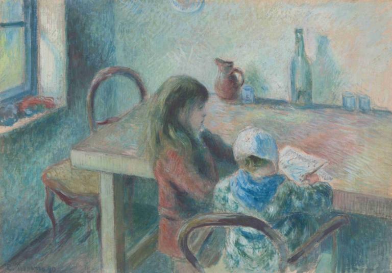 The Children,Die Kinder,Camille Pissarro,Ölgemälde,Ölgemälde, Fenster, Flasche, Stuhl, traditionelle Medien