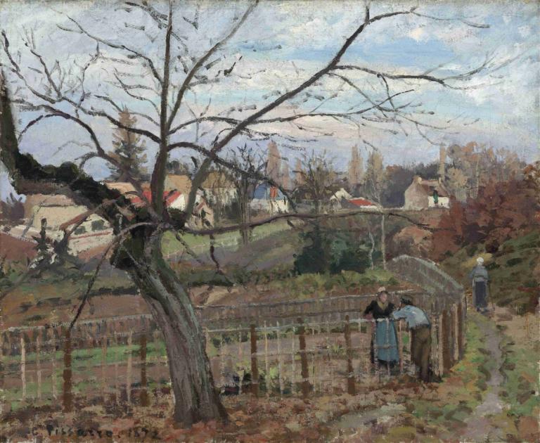 The Fence,Der Zaun,Camille Pissarro,Ölgemälde,Ölgemälde, Baum, draußen, Landschaft, traditionelle Medien