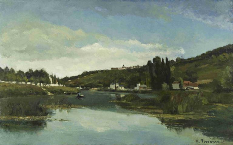 The Marne at Chennevières,Marna v Chennevières,Camille Pissarro,Olejomalba,Olejomalba, venku, scenérie, mrak