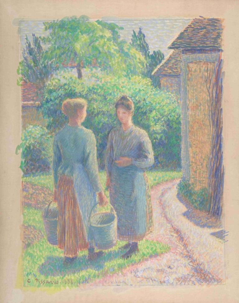 Two Women in a Garden,Kaksi naista puutarhassa,Camille Pissarro,Öljymaalaus,Öljymaalaus, ruoho, ulkona