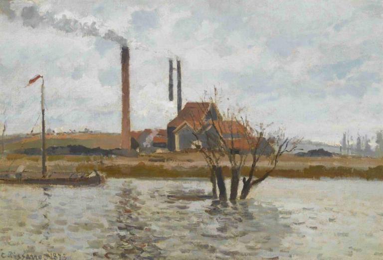 Usine À Saint-Ouen-L'aumône, La Crue De L'oise,Camille Pissarro,Öljymaalaus,Öljymaalaus, ulkona, puu, maisema