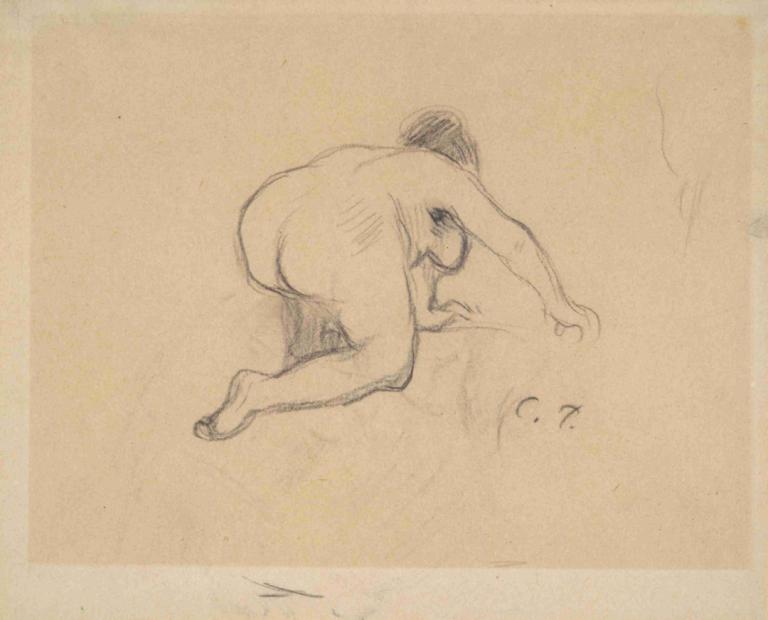 Woman Kneeling,Wanita berlutut,Camille Pissarro,Sketsa,Sketsa, telanjang, merangkak, 1 gadis, solo, sketsa