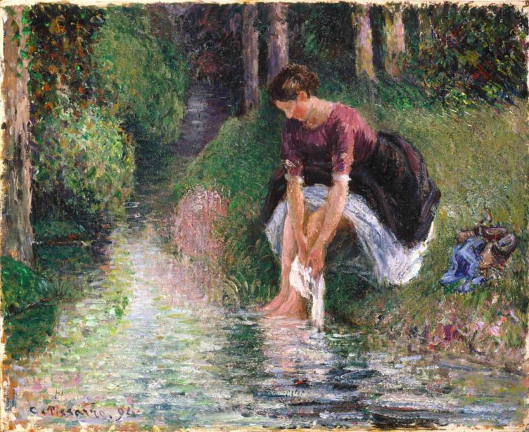 Woman Washing Her Feet in a Brook,Seorang Wanita Mencuci Kakinya di Sungai,Camille Pissarro