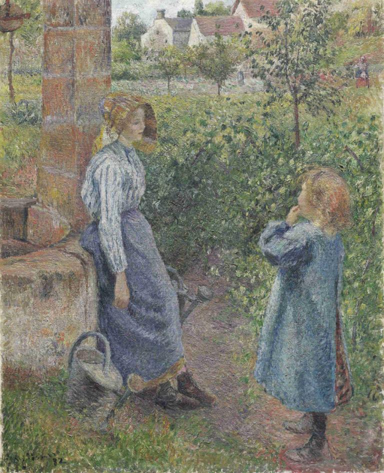 Woman and Child at the Well,Perempuan dan Anak di Sumur,Camille Pissarro,Lukisan cat minyak