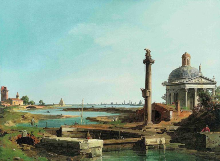 A Lock, a Column, and a Church beside a Lagoon,Замок, колонна и церковь у лагуны,Canaletto,Каналетто