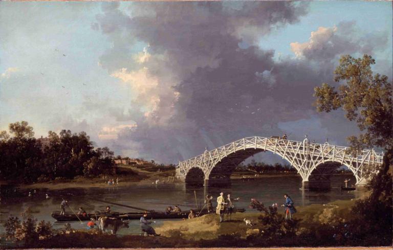 A View of Walton Bridge,Uitzicht op Walton Bridge,Canaletto,Olieverf,Olieverf, buitenshuis, boom, wolk