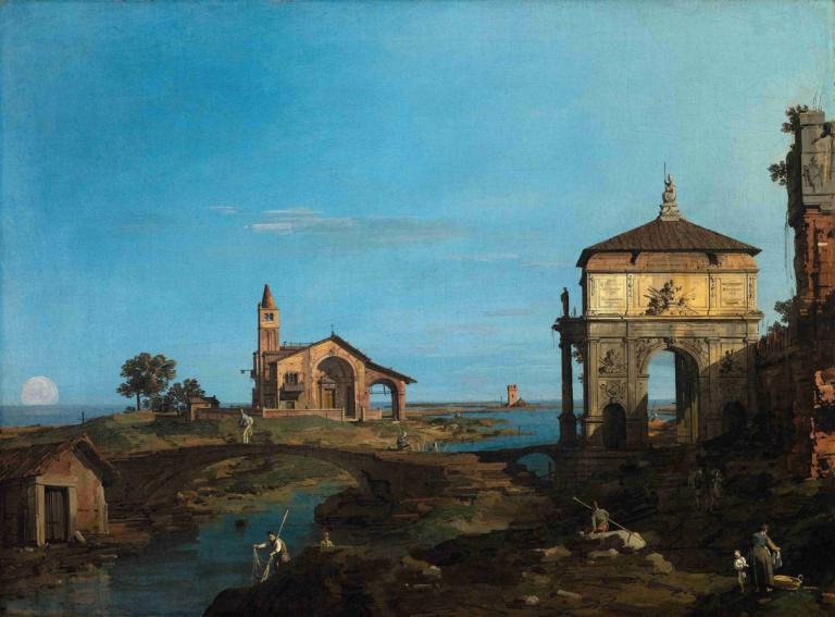 An Island in the Lagoon with a Gateway and a Church,En ø i lagunen med en port og en kirke,Canaletto