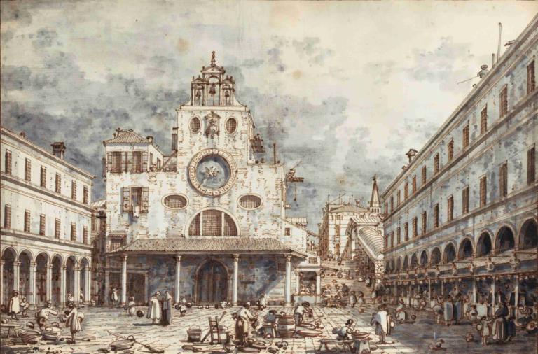 Campo San Giacomo Di Rialto, Venice,カンポ・サン・ジャコモ・ディ・リアルト、ヴェネツィア,Canaletto,カナレット,油絵,油絵, 景色, 雲, 屋外, 空, 建物