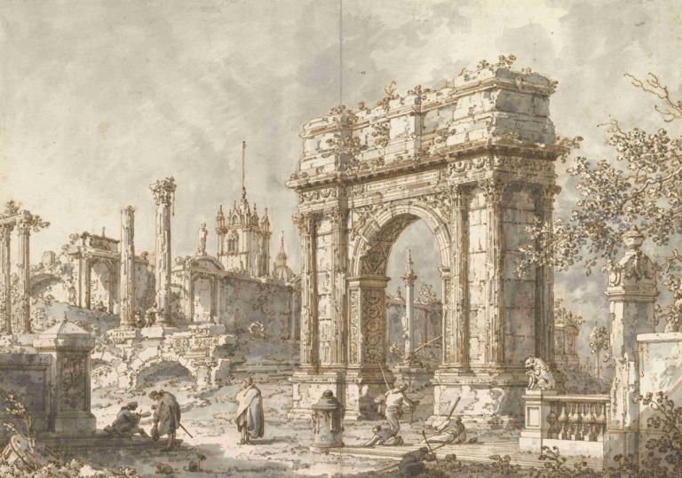 Capriccio with a Roman Triumphal Arch,Canaletto,Oil Painting,Oil Painting, scenery, tree, outdoors