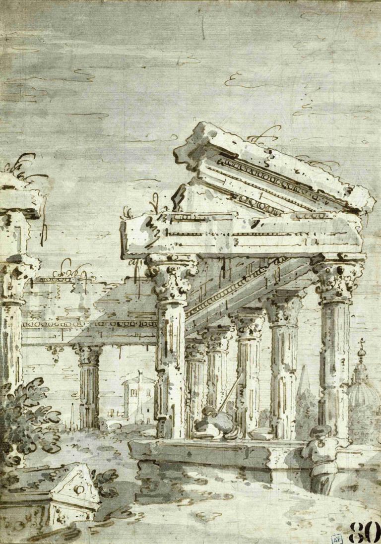 Capriccio; A Ruined Classical Temple,capriccio; Zničený klasický chrám,Canaletto,Mědirytinový lept