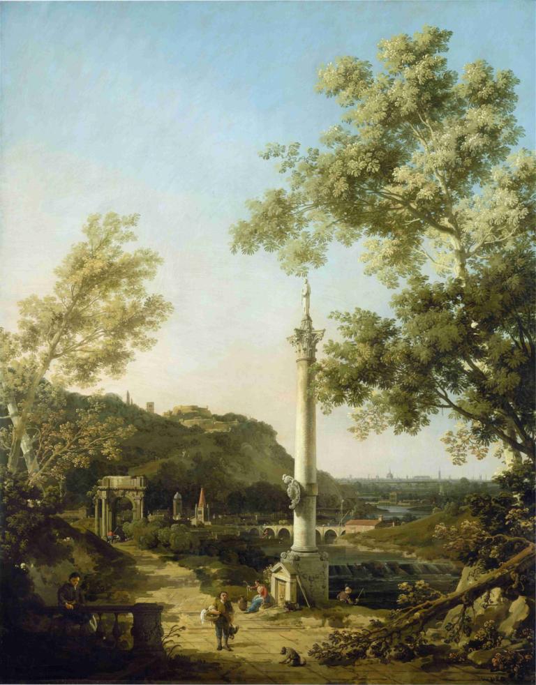 English Landscape Capriccio with a Column,Engels landschap Capriccio met een zuil,Canaletto,Olieverf,Olieverf