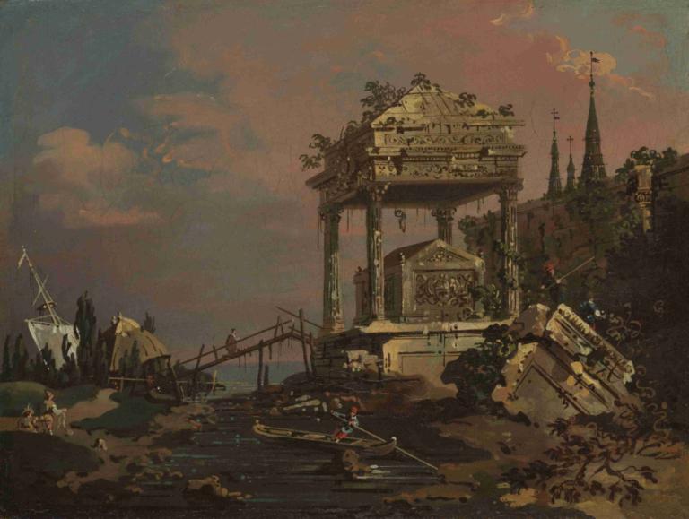 Imaginary View with a Tomb by the Lagoon,Imaginær udsigt med en grav ved lagunen,Canaletto,Oliemaleri