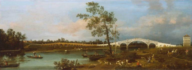 Old Walton Bridge,Jembatan Walton Lama,Canaletto,Lukisan cat minyak,Lukisan cat minyak, pohon, pemandangan