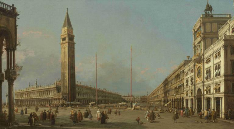 Piazza San Marco Looking South and West,Piazza San Marco mot söder och väster,Canaletto,Oljemålning