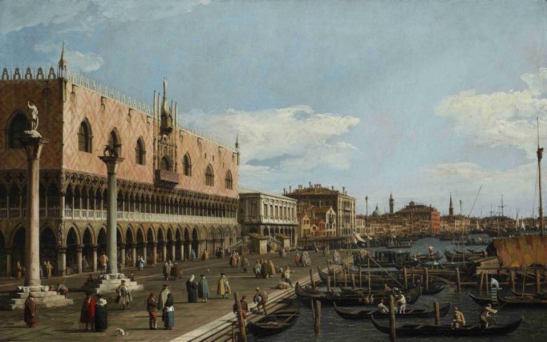 Venice, the Riva degli Schiavoni,威尼斯，夏沃尼大橋,Canaletto,卡納萊托,油畫,油畫, 船隻, 雲, 天空, 風景, 船, 多個男孩, 戶外, 6+男孩, 船, 橋, 天, 水