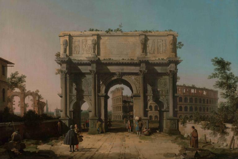 View of the Arch of Constantine with the Colosseum,Kolezyum ile Konstantin Kemeri'nin görünümü,Canaletto