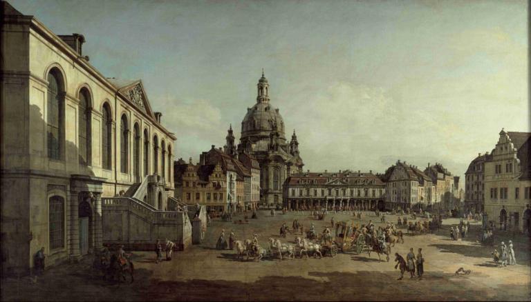 View of the Neumarkt in Dresden from the Jüdenhofe,Pogled na Neumarkt v Dresdnu z ulice Jüdenhofe,Canaletto