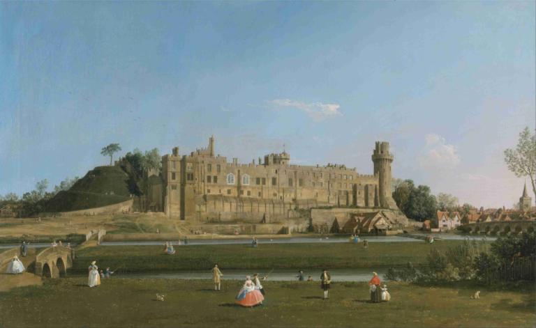 Warwick Castle,Warwick Kalesi,Canaletto,Yağlı boya,Yağlı boya, açık havada, ağaç, gökyüzü, manzara, gün, bina