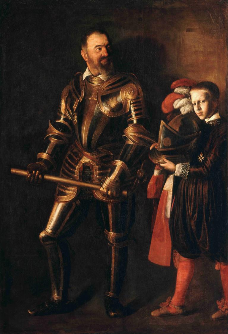 Alof de Wignacourt,アロフ・ド・ヴィニャクール,Caravaggio,カラヴァッジョ,油絵,油絵, 鎧, 顔の毛, 帽子, 1女の子, 複数の男の子, 男の子2人, あごひげ, 帽子を外した, 口ひげ