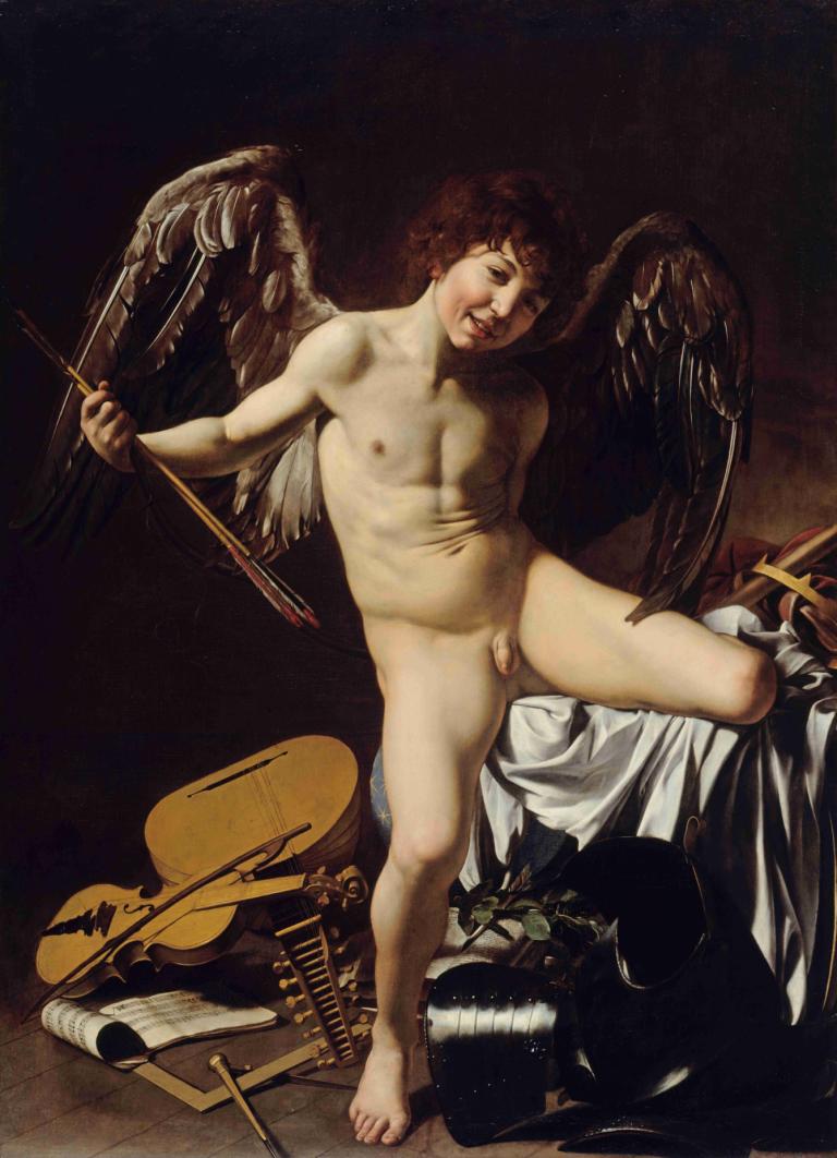 Amor Vincit Omnia,Caravaggio,Oil Painting,Oil Painting, fine art parody, solo, wings, nude, instrument